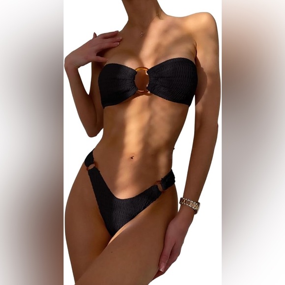 Zaful Other - Women's Strapless Ruched Detail High Cut Swimsuit with O-Ring Black